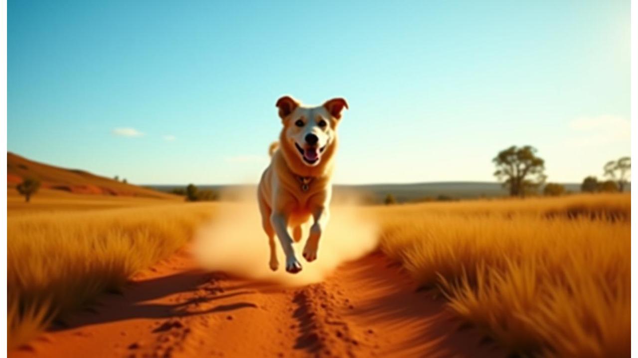 Dog running through the Australian outback bush under clear blue sky